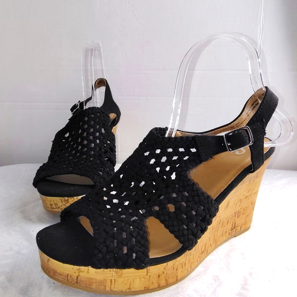 SO Black Wedge Sandals with Cork Heel Cutout Design Peep Toe Size 10 Summer